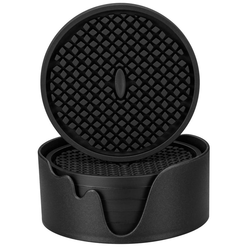 ME.FAN Silicone Coasters [6 Pack] Thickened Drink Coasters with Holder - Cup Mat - Non-Slip, Non-stick, Stay Put, Deep Tray - Prevents Furniture and Tabletop Damages(Black) - Image 1